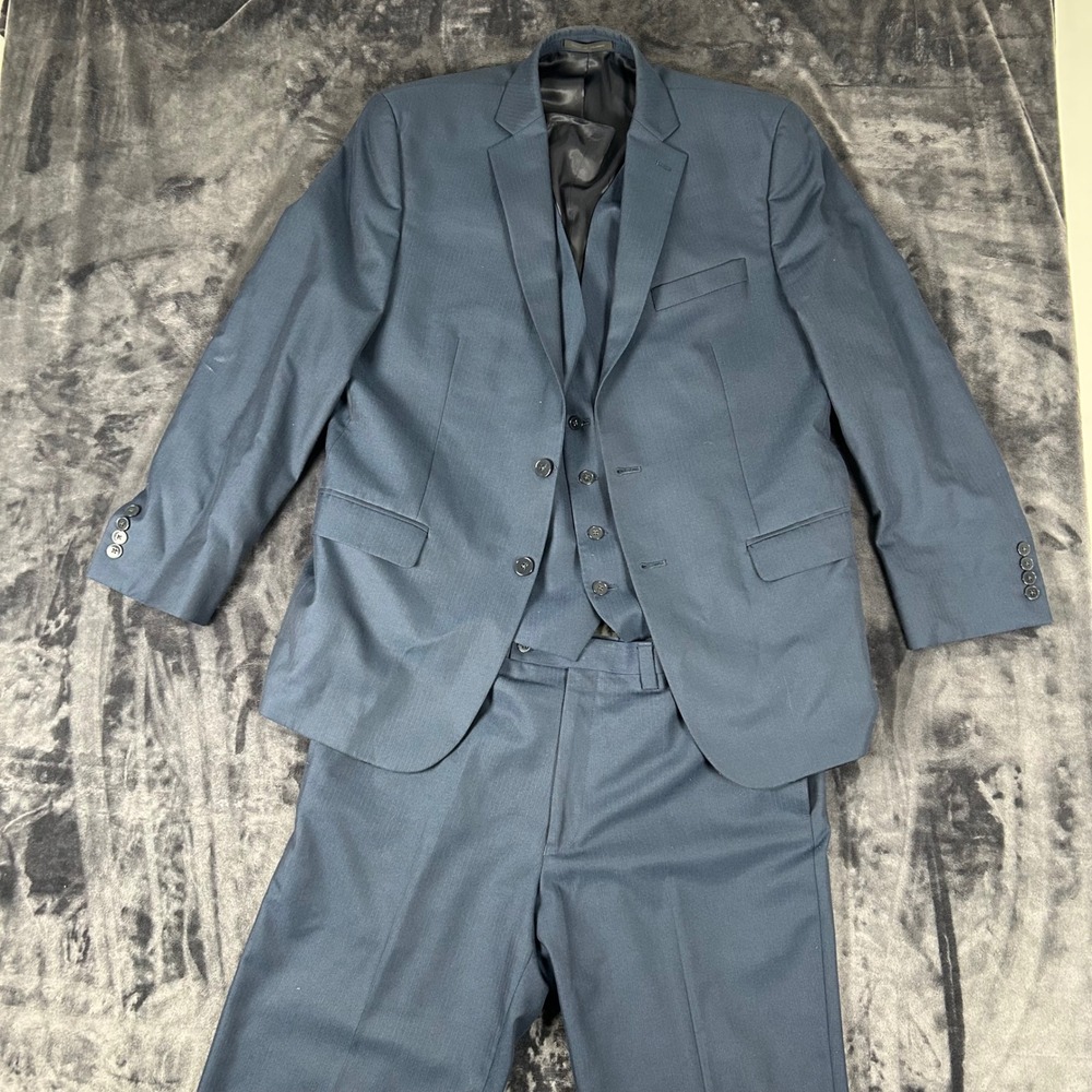 Calvin Klein Suit Set Mens 42R 36W Blue 3-Piece Blazer Vest Pants